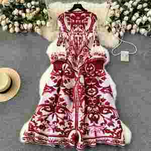 Vestido Midi Plisado Romano para Mujer, Estampado, con Encaje, Color Morado, Borgoña y Rojo - Product Image 2