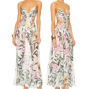 Summer lady chiffon floral long dress and low cut backless dresses sexual dresses for woman