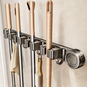 Blue Vine Multi Functional <b>Mop</b> Holder <b>Wall</b> Mounted Chrome Finish Punch Free Cleaning Tool Storage Rack For Bathroom - Product Image 3