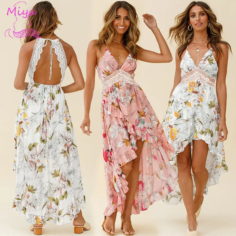 2023 Spaghetti strap sun dress for women Sexy backless sleeveless floral print lace ruffle dovetail beach maxi long Slip dress