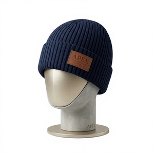 Men's Navy <b>Blue</b> Ribbed <b>Beanie</b> Hat Knit Cuffed Winter Cap Streetwear Unisex Custom Logo Wholesale Fashion - Product Image 1