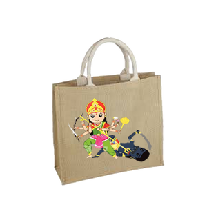 Bolsa de Yute para Compras con Serigrafía, Bolsa de Yute para Supermercado con Estampado de la Diosa India Maa Durga, Hecha en India, Bengala Occidental - Product Image 1