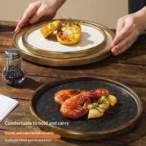 Gold-plated <b>Ceramic</b> Round Flat <b>Plate</b> Microwave Safe Minimalist Japanese Style Dinnerware for Household & Commercial Use - Product Image 2