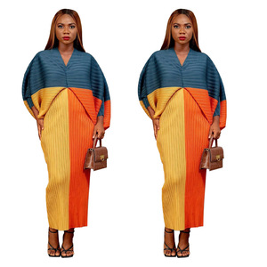 10263 Vêtements pour femmes européennes et américaines, approvisionnement transfrontalier, collection automne, best-seller, robe plissée à col en V et manches chauve-souris, color-block - Product Image 5
