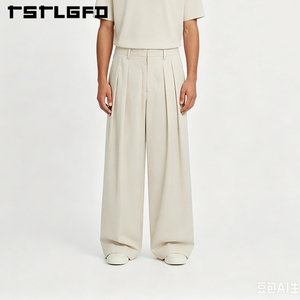 Custom Wide Leg Pleated Trousers Cream Double Pleats <b>Old</b> Money Style Loose Fit Baggy Slacks Wholesale Bulk - Product Image 3