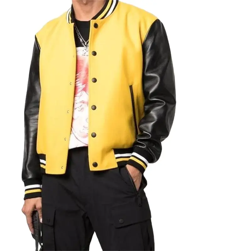 OEM Custom Fashion Logo Embroidery Motorcycle Yellow Letterman Leather Varsity Bomber Jacket For Men