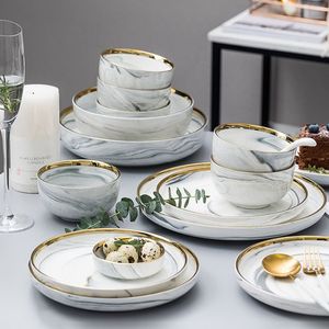 Sang trọng đá cẩm thạch mạ vàng tấm gốm và bát đặt khách sạn đám cưới nhà hàng bít tết món ăn sứ đồ ăn Bộ đồ ăn đặt - Product Image 2