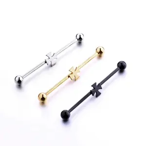 Unique Steel Industrial Barbell Cartilage Earrings 38mm Cross Bar 16G Body Piercing Jewelry Cross Earrings