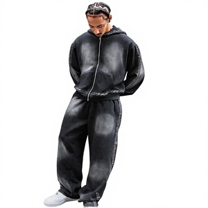 Survêtement unisexe uni délavé à l'acide, écologique, pour l'hiver, avec sweat à capuche et pantalon de jogging, marque privée, streetwear - Product Image 1