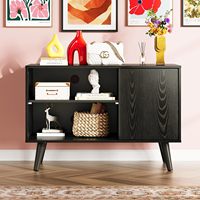 Console TV noire de 32 pouces de style Mid-Century, petit meuble multimédia avec armoire et étagères ouvertes pour salon et chambre à coucher