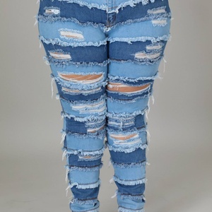 2025 New Style Women's Plus Size Casual Distressed Jeans Color Block <b>Stretch</b> <b>Denim</b> Pants with Logo on Waist New Design - Product Image 5