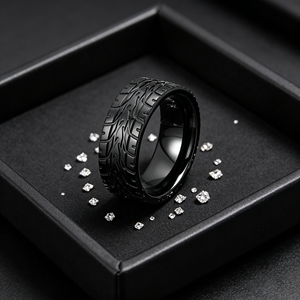 Bague en zirconium noir de 8 mm à motif de <span class=keywords><strong>bande</strong></span> de roulement pour homme, style punk, motard, alliance, cadeau de bijoux - Product Image 5