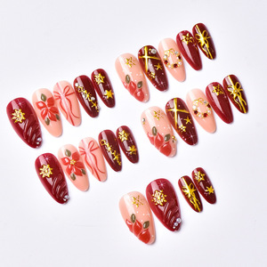 Uñas Postizas de Lujo Premium ABS, 24 Piezas, Medianas, Almendradas, con Diseño de Flores y Copos de Nieve Navideños, Más Vendidas - Product Image 2