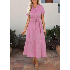 FOXA Women's Summer Maxi Button Up Shirt Dress Short Sleeve Striped A Line Flowy Elegant Spring Casual Dress - Product Image 6