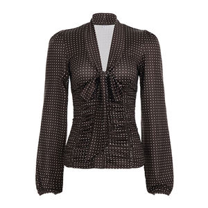 Blusa Retro Coqueta Francesa con Cuello en V - Top Sexy con Estampado de Lunares y Detalle de Lazo y Mangas Largas, Ecológica y Transpirable para Mujer - Product Image 5