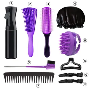 Gloway 10Pcs African 3a To 4c Texture Curly Hair Brush Sleep Bonnet Set Custom Logo Detangling Hair Brush For Black Natural Hair