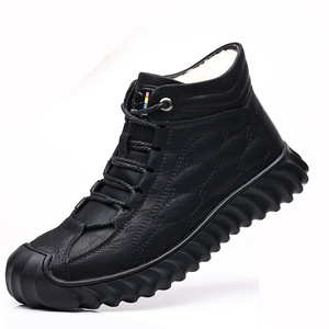 Bottes de neige en cuir décontractées pour hommes, doublées de polaire, chaudes, noires, à lacets, pour la randonnée en plein air, antidérapantes, chaussures de papa 2027 - Product Image 5