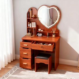 Petite coiffeuse pour chambre à louer avec miroir de maquillage éclairé, serrure de tiroir en forme de cœur pour chambre principale, table de vanité pour chambre à coucher - Product Image 5