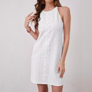 Venta de verano caliente elegante vestido de gasa de línea A para mujer estilo Casual cuello redondo cinturón sin mangas sólido vestido favorito de las señoras - Product Image 4