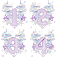 Ensemble de 5 ballons numériques à motif licorne fantastique, couleur violette, avec chiffres, étoiles éclatantes et fleurs décoratives pour célébration d'anniversaire