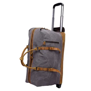 Custom Vintage Outdoor Waterproof Men Overnight Rolling Luggage Trolley Weekender Bag Canvas Travel Duffel Bag With Wheels