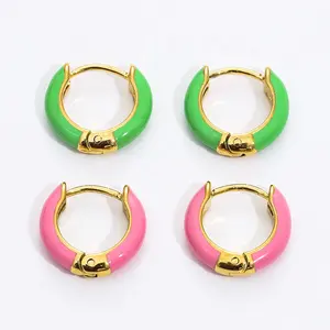 Hypoallergenic Fine Jewelry Gold Plated Stainless Steel bijoux Waterproof Green Enamel Girls Pink Hoop Earrings
