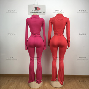 Bán Buôn Dài Tay Áo Áo Khoác Flare Quần Tập Thể Dục Phòng Tập Thể Dục Quần Áo Cao Eo Tập Thể Dục Thể Thao Phụ Nữ Thân Thiện Cao Cô Gái Tracksuit Set - Product Image 3