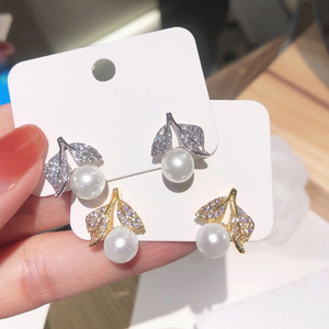 Boucles d'oreilles classiques en forme de feuille avec perle Akoya, argent 925 plaqué rhodium, pour femmes, bijoux de mariage - Product Image 5