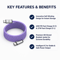 Câble Usb magnétique à remontage automatique Câble USB-C de charge rapide 3A 60W Nylon Téléphone 1m Type C Câble de données