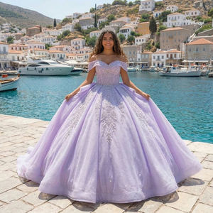 Vestido de Quinceañera Lsmc130 Princesa Morado con Cuentas, Encaje, Apliques Florales, Cintura Natural y Cola Capilla para Fiesta - Product Image 1