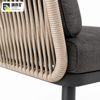 5-teiliges Outdoor-Patio-Set, L-förmiges Sofa, Sessel, Tisch, 2 Ottomanen, beige Seilgeflecht, Metall