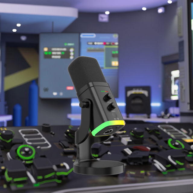 Black Plug-and-Play Podcast Microphone for Gaming PCs RGB Wired Style with Stand Filter Cap & USB Cable for Conferences