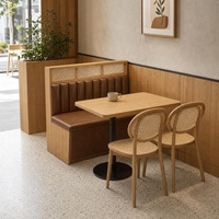 Moderne commerciële restaurantbankset met houten tafelblad, metalen frame en rotan rugleuning voor hotel, eetcafé en bistro.