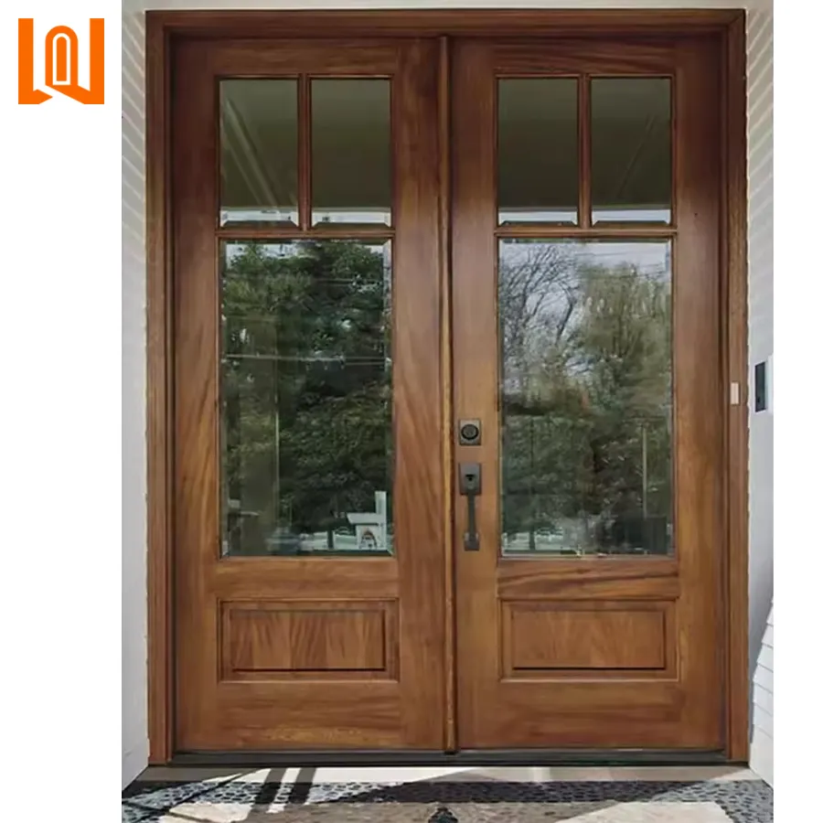 WANJIA Custom Double Entry Door Modern Design Exterior Glass Solid Wooden Front Entrance Doors