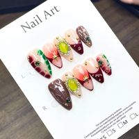 Nieuwe stijl ABS volledig handgemaakte vintage wijnrode gradiënt metallic spangles parelversierde puntige opzetnagels