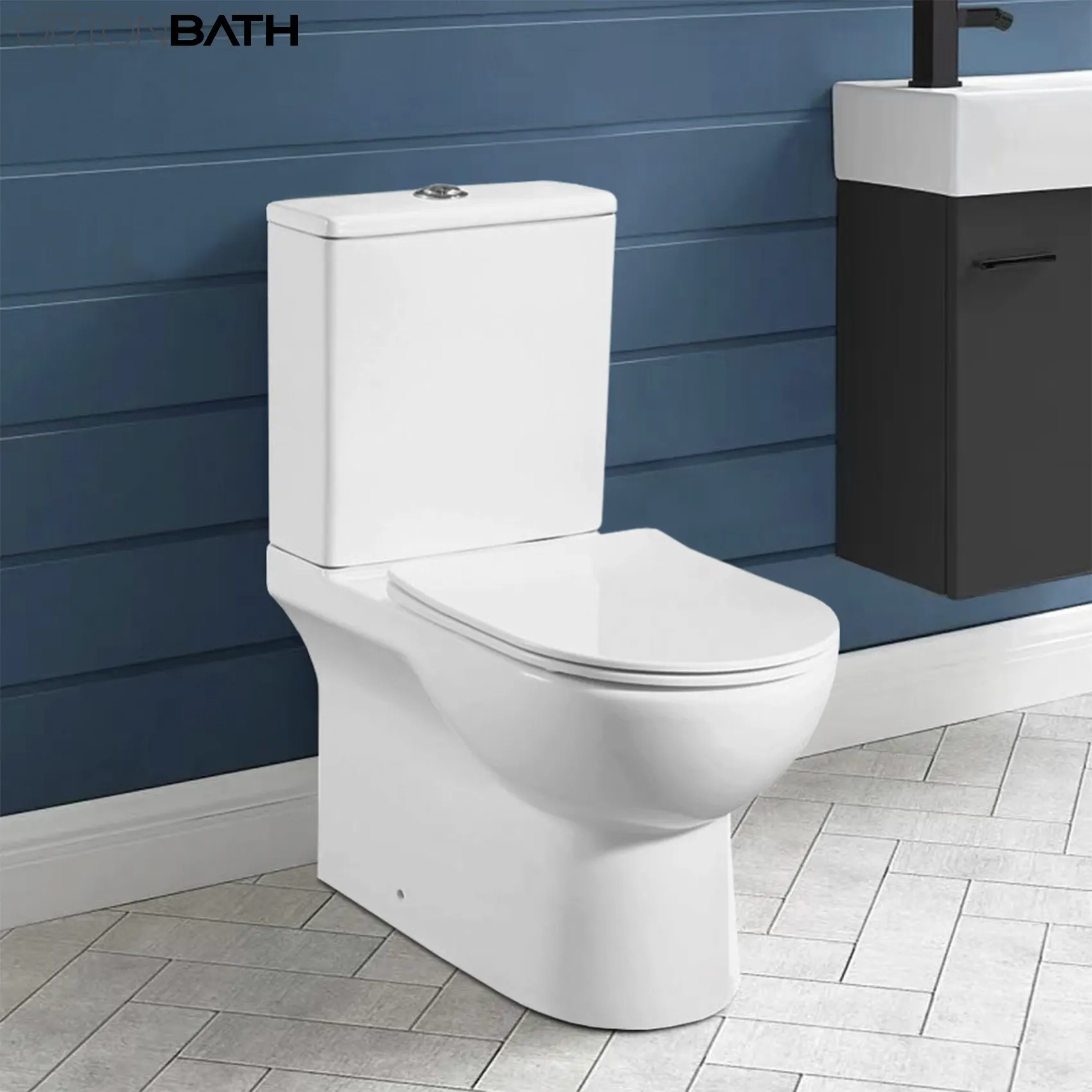 ORTONBATH Europe Doppel-Spültoilette Bäder Bequemkeit Höhe weich-nähe randloses Wc-Toilettenset Zwei-Teile Wc-Toilette