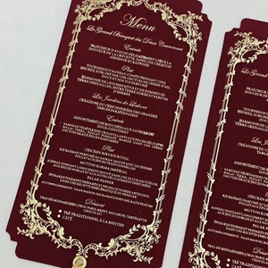 Cartes de menu élégantes en papier spécial velours rouge, imprimées offset, avec estampage à chaud doré, gaufrage, rectangulaires, cartes de vœux de mariage - Product Image 4