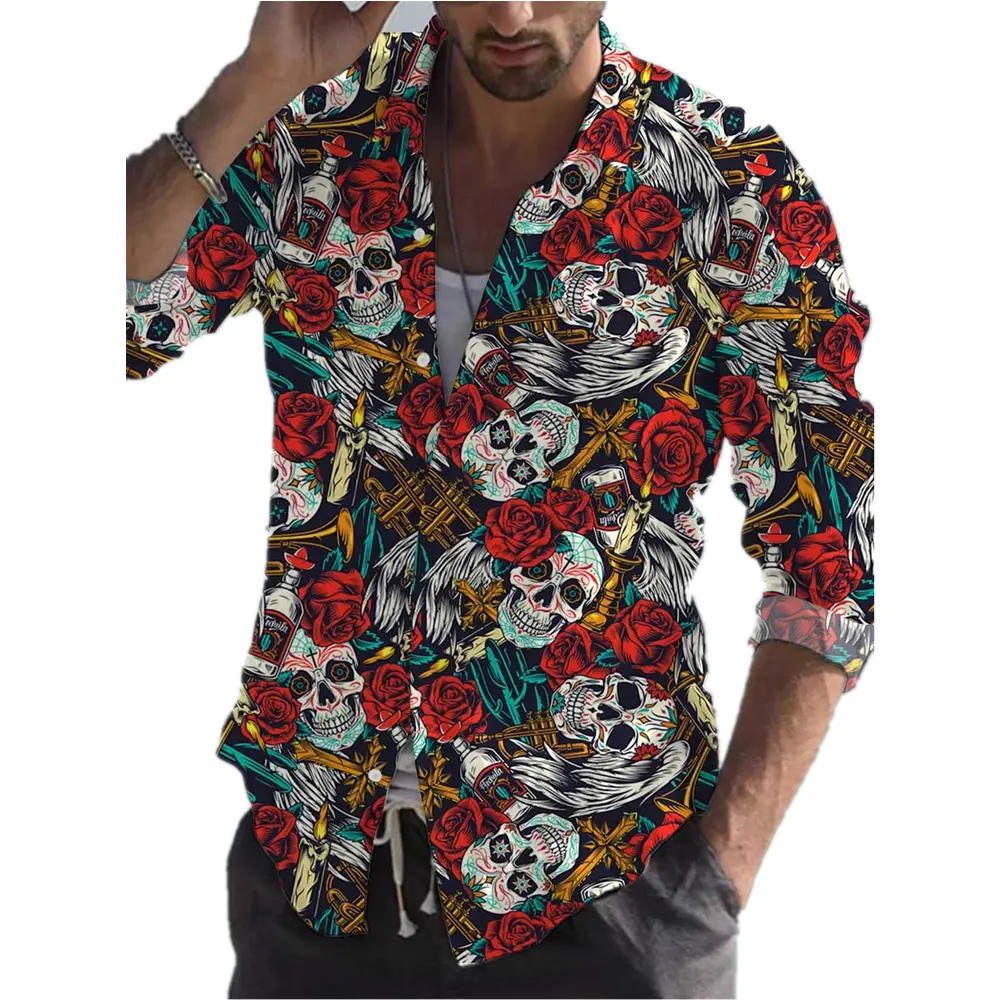 Spring Summer Shirts Mens Shirts Hawaiian Casual Colorful Flowered Mask Clothes Casual Beach Hawaiian Shirts