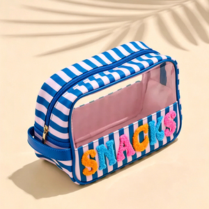 Bolsa de Maquillaje Portátil de Viaje al por Mayor, Organizador de Cosméticos Transparente de PVC con Rayas de Chenilla y Letras, para Playa - Product Image 3