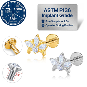 Anting-anting <span class=keywords><strong>titanium</strong></span> zirkon berlapis emas 18K kualitas implan ASTM F136 JIAXIN, ulir dalam, untuk helix, tragus, bibir, pernikahan, dan aksesori tubuh. - Product Image 1