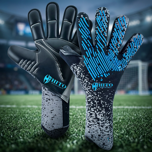 Custom Design Black and Blue Kint Soccer Goalkeeper <b>Gloves</b> with 4mm German Latex Emboss Negative Cut - Product Image 6