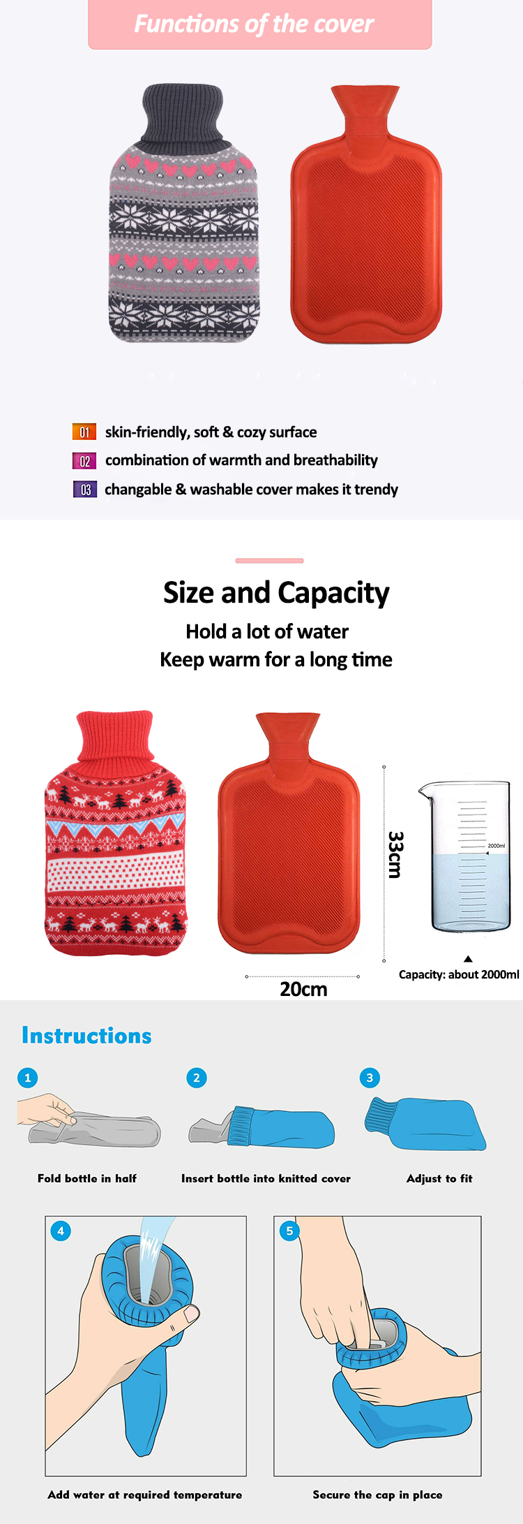 factory wholesale custom warm rubber hot water bottle 2l pvc hot water bag with knitted cover