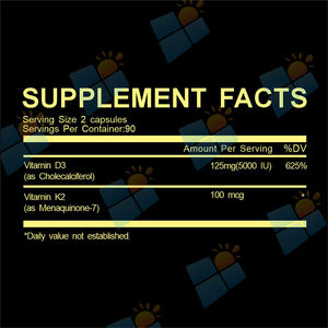 SUNI OEM ODM Vitamine D3 K2 Capsules Gélules Supplément Vente en Gros en Vrac Naturel Marque Privée Vitamine D3 K2 Gélule pour Adultes - Product Image 2