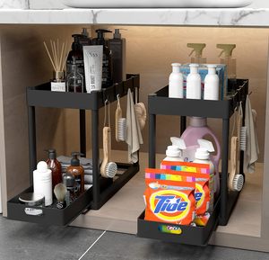 Sink Organizers and Storage, 2 Pack Pull Out Kitchen Bathroom Cabinet Organize,<strong>Under</strong> Counter Storage Organizer with Hooks - Product Image 6
