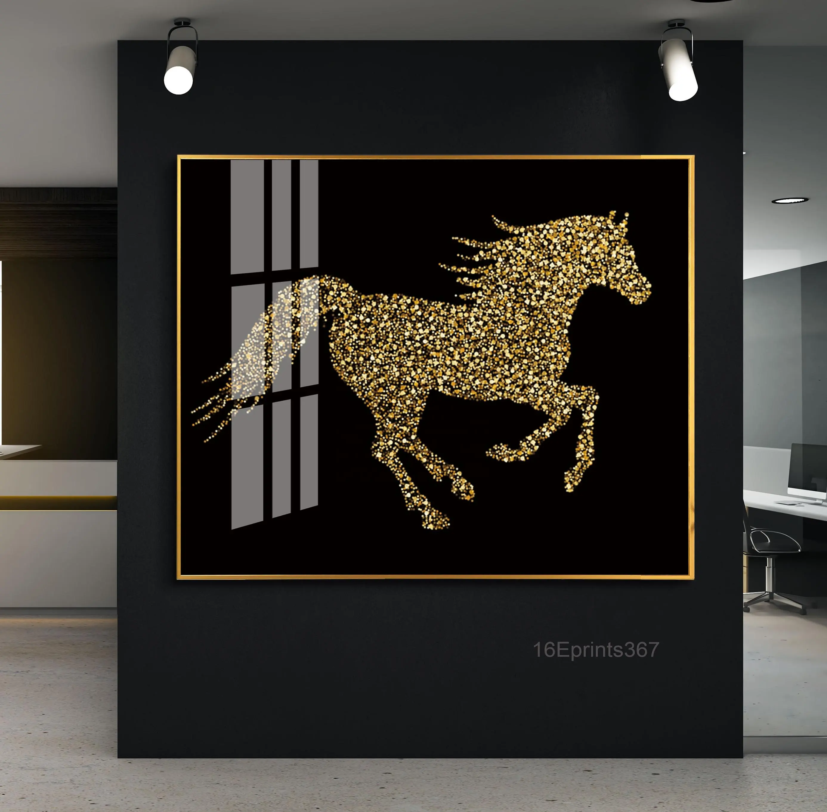 Custom Designs UV Print Modern Glass Painting Wall Art Golden Horse Crystal Porcelain Painting