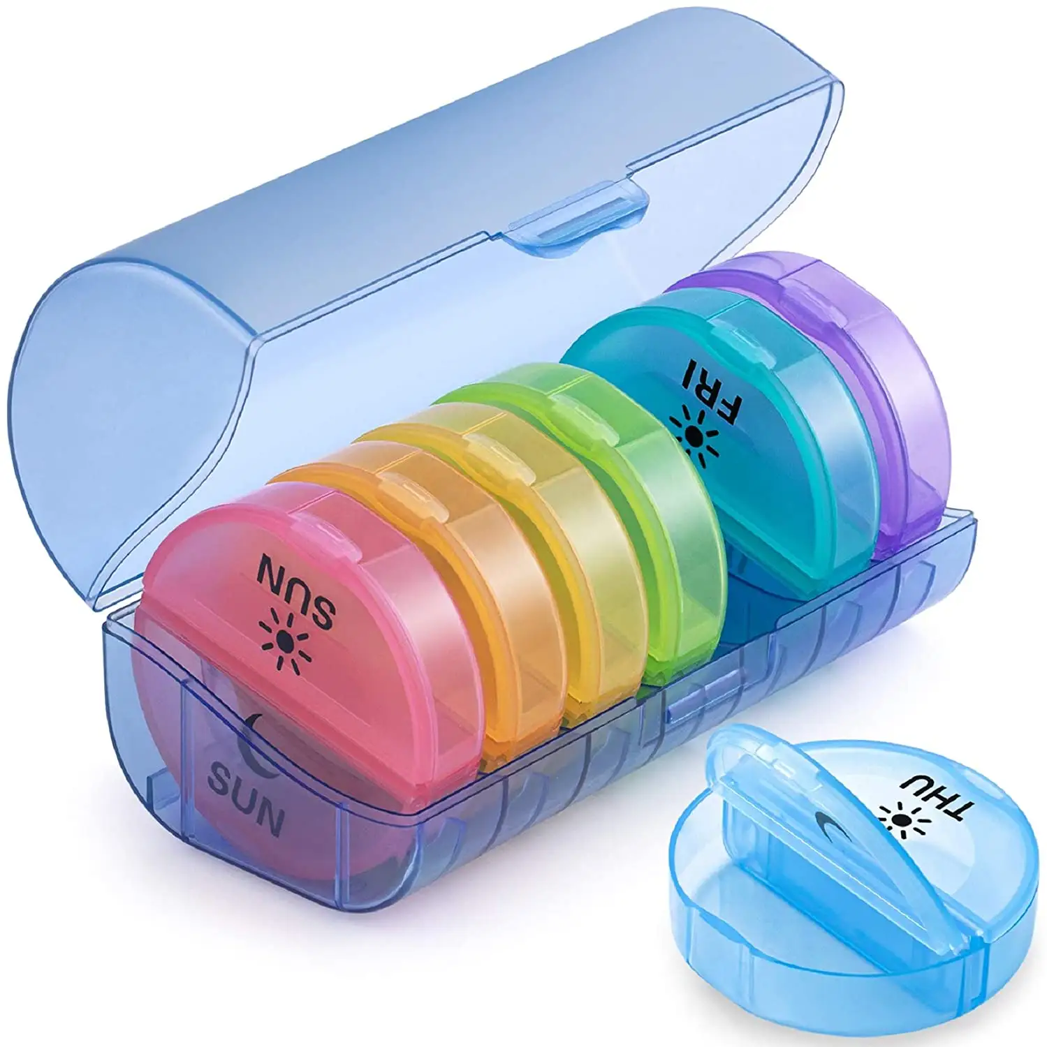 Yuvarlak renkli günlük haftalık hap konteyner kutusu tıp için