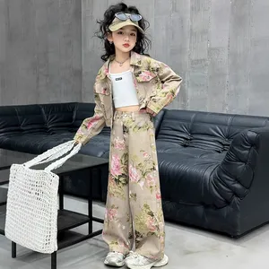 Nieuwe Mode Tienermeisjes Kleding Set Lange Mouwen Flower Print Denim Jasje Jas + Jeans Broek Kleding Set Voor Kinderen - Product Image 5