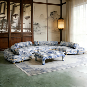 Sofá Curvo de Lujo Estilo Porcelana Azul y Blanca, Sofá de Tela Artístico Moderno para Sala de Estar de Villa y Decoración de Vestíbulo de <span class=keywords><strong>Hotel</strong></span> - Product Image 4