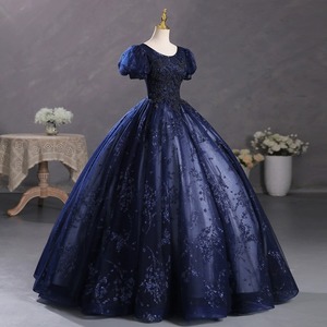 Navy Blue Ball Gown Dress With Puff Sleeves Floral Print Organza Empire Waistline Scoop Neckline Evening Gown For Performances - Product Image 2