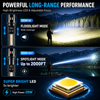 Lampe de poche LED zoomable avec lumière UV détachable 365NM, affichage numérique, lumière latérale COB, torche extérieure rechargeable de type C
